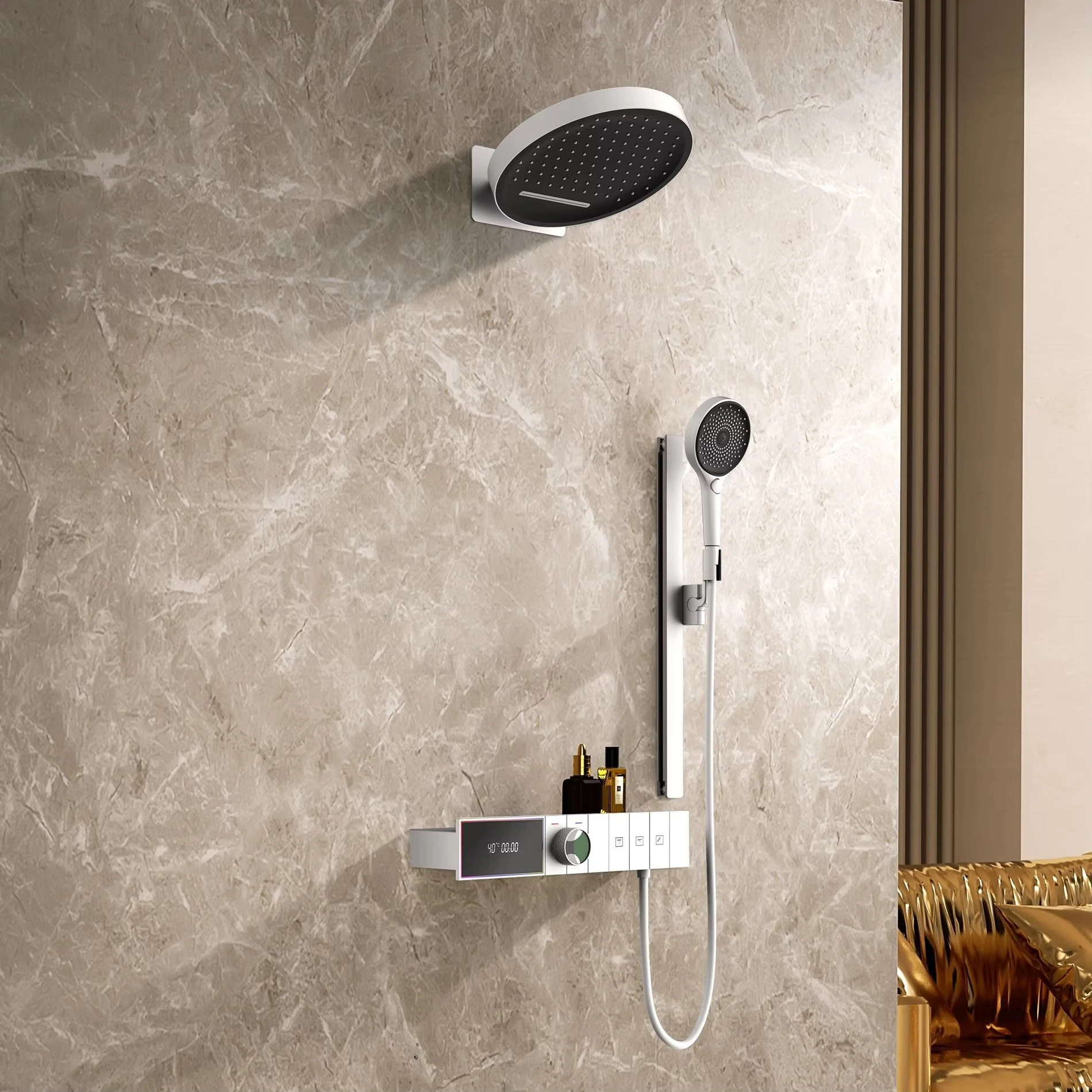 Concealed Shower System Digital Temperature Display Thermostatic Shower Set Wall Mount Rain Shower Head Multifunctional Handheld