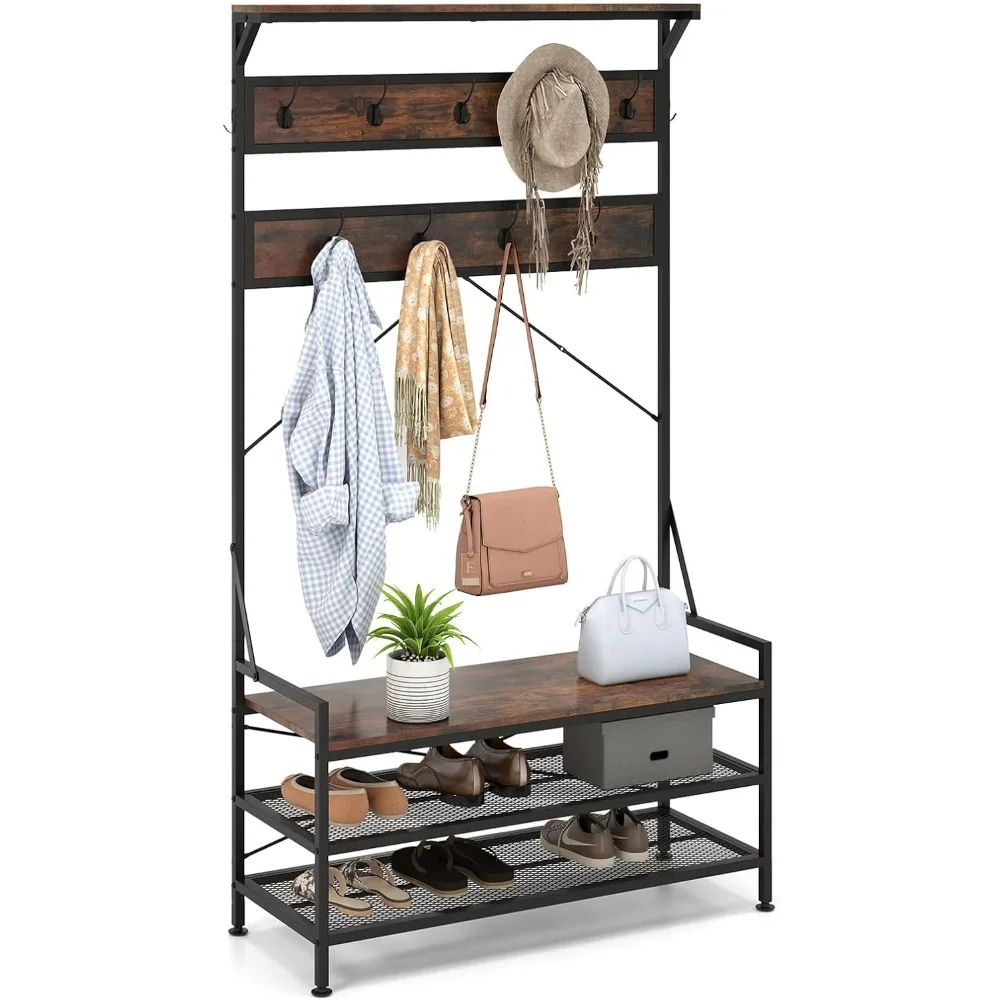 

4-In-1 Coat Rack, Freestanding Hall Tree with Shoe Storage Rack & 11 Hanging Hooks, Metal Frame & Anti-Tipping Kits, Entryway B