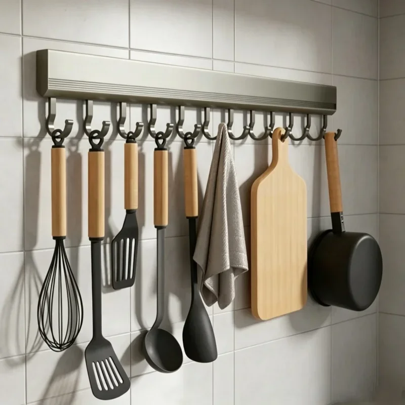 Wandhängende Reihenhaken für den Haushalt, bohrfreie Installation, Mehrzweckregal für Küchenutensilien, Badezimmerhandtücher, zum täglichen Aufhängen von Mänteln