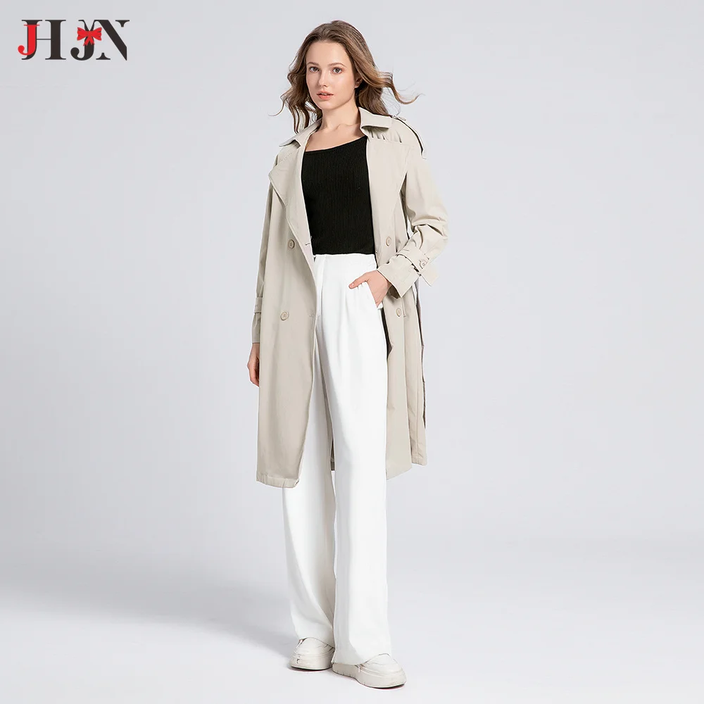 JHJN-Trench-coat beige pour femme avec ceinture, coupe-vent, double boutonnage, long, grand col rabattu, chaud, manteau de bureau pour femme