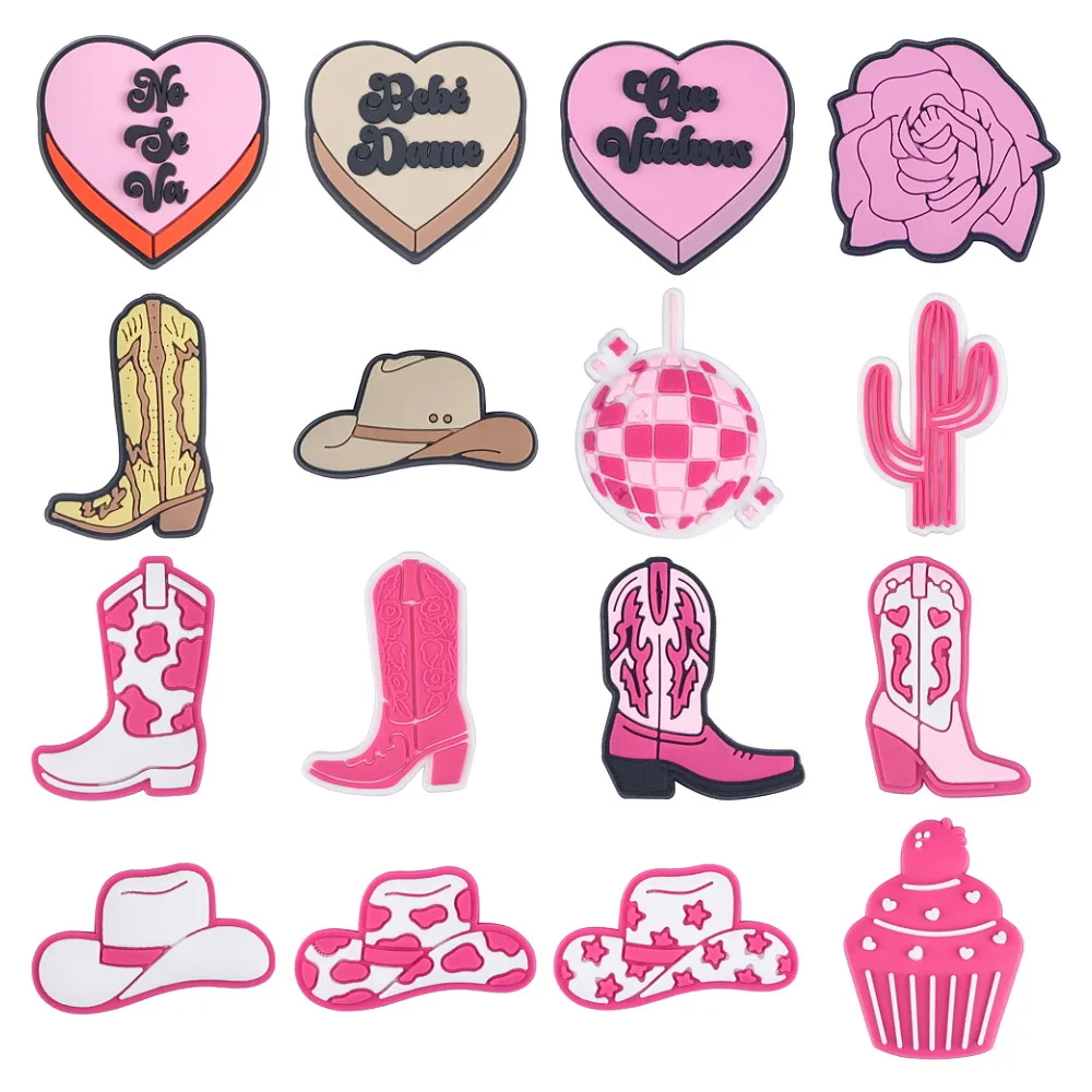 Pink Cow Boots Hat Clog Charms PVC Soft Garden Shoe Accessories Kids Fashion Cow Girls Decor Charms For Women Gifts