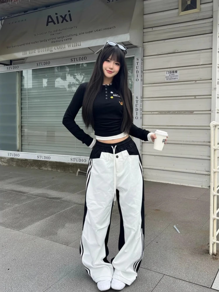 Deeptown White Striped Pants Women Black Patchwork Wide Leg American Retro Parachute Pants Baggy Casual Jogging Trousers Street
