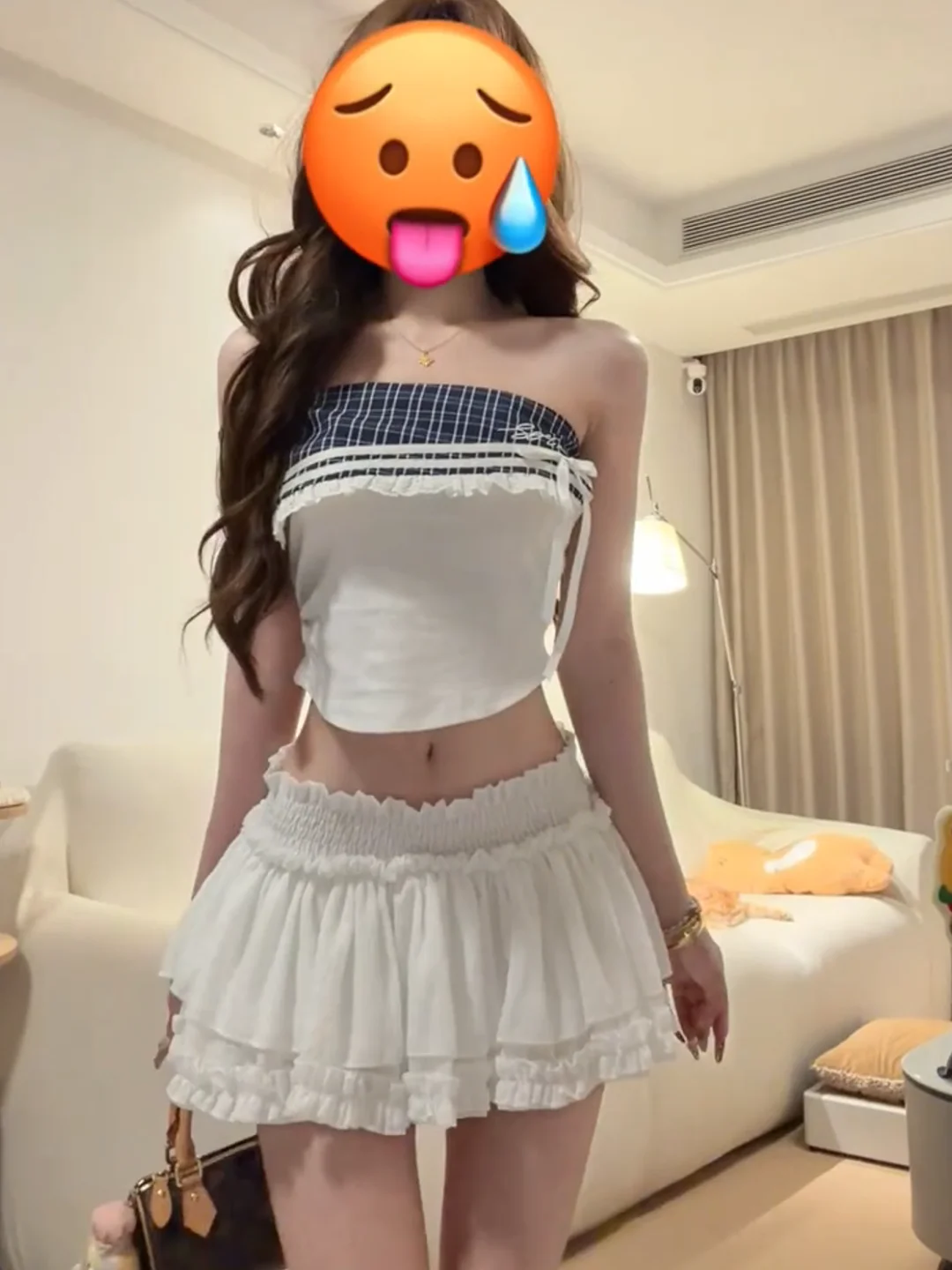 

Sexy Plaid Two-Piece Set with Puffy Skirt And Strapless Top for Young Women Summer Fashion Outfit High Waist Flounce Skirt
