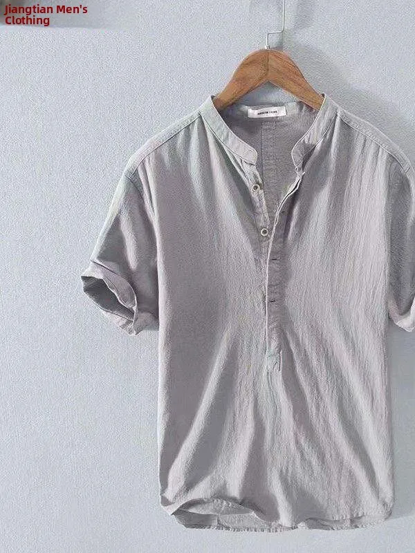 

Летняя тонкая льняная рубашка с коротким рукавом для мужчин, свободного кроя, с воротником-стойкой, дышащая, из хлопка и льна, повседневная, больших размеров