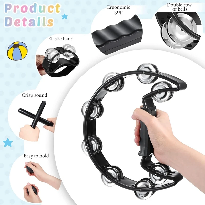 6 Pcs Tambourines, Hand Held Half Moon Tambourine With Rhythm Sticks Egg Shakers Musical Percussion Instrument Set