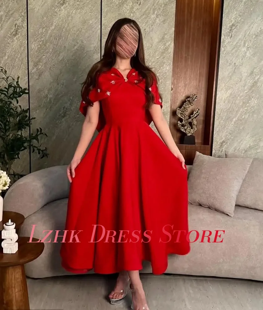 カスタマイズされた絶妙なジャージー A ライン ビーズ パール イブニング ドレス高品質半袖 V ネック