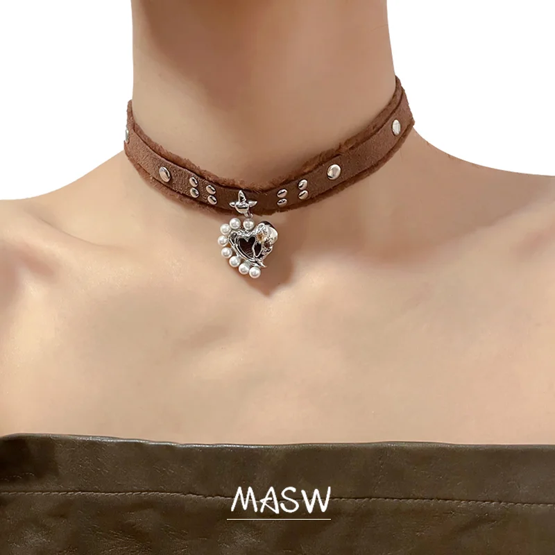 MASW Original Design Elegant Temperament Brown PU Choker Simulated Pearl Heart Pendant Necklace For Womne Girl Fashion Jewelry