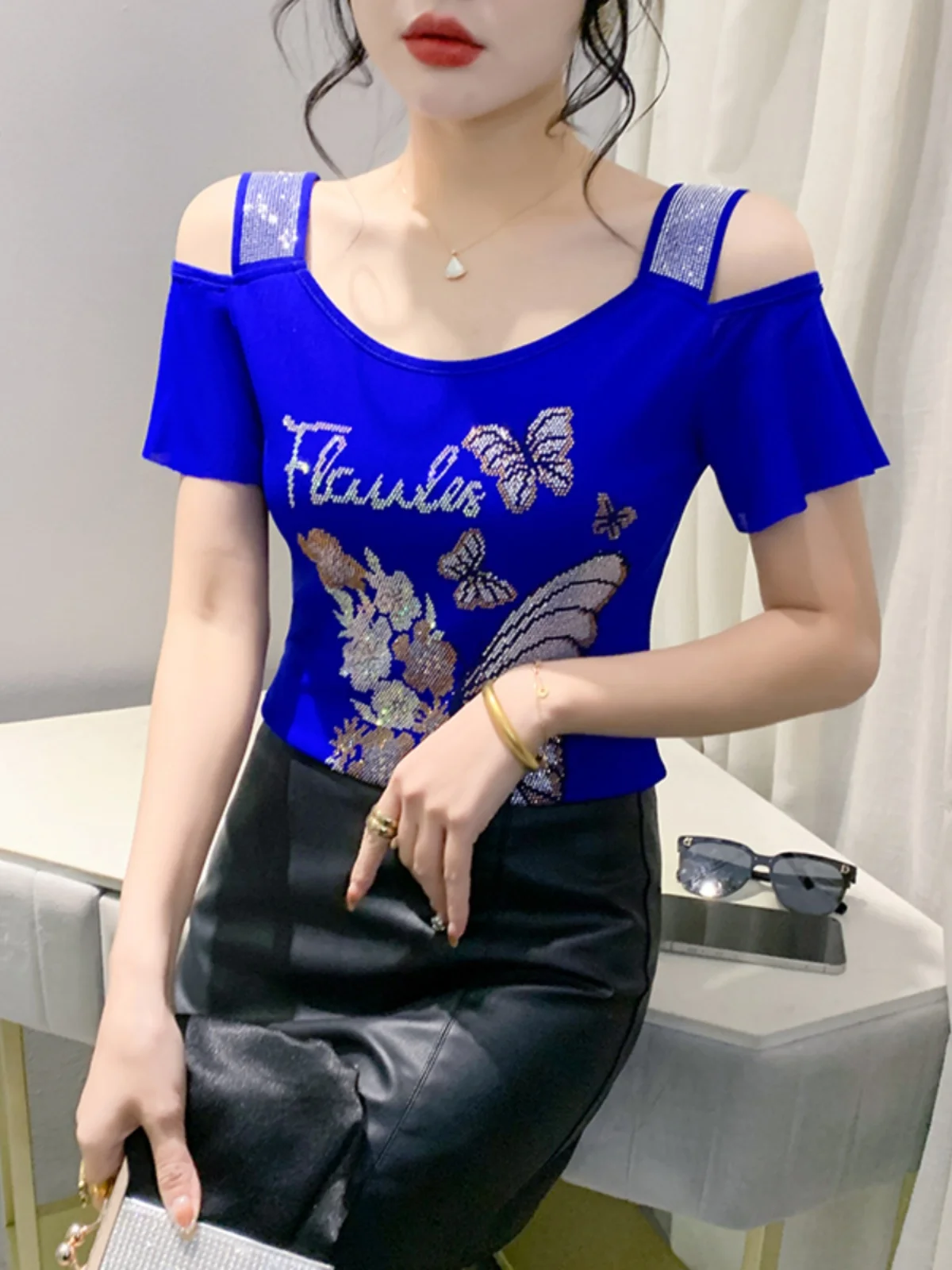 2024 Summer New Heavy Industry Hot Drilling Ice Silk Mesh Short sleeve T-shirt Fashion off-the-Shoulder Top Women clothes Chi...