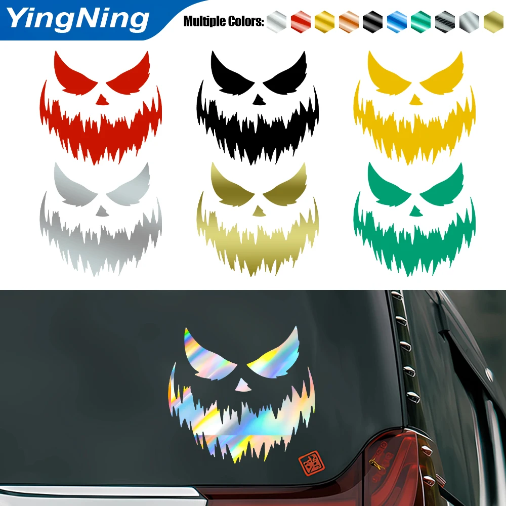 

Halloween Evil Grin Car Decal Reflective Scary Monster Face Sticker Waterproof Vinyl Graphics for Car Window Helmet Laptop