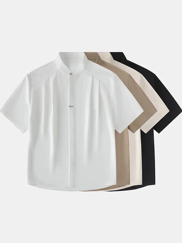 

Summer Ice Silk Short Sleeve Casual Shirt Men's Cleanfit Versatile Collarless Half Sleeve Top Handsome Loose Fit Polyester Blend