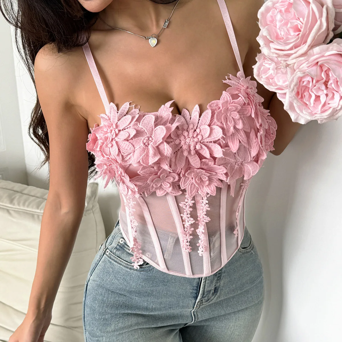 

New women's slim fit vest, sexy women's transparent mesh fabric, three-dimensional floral decoration on the chest
