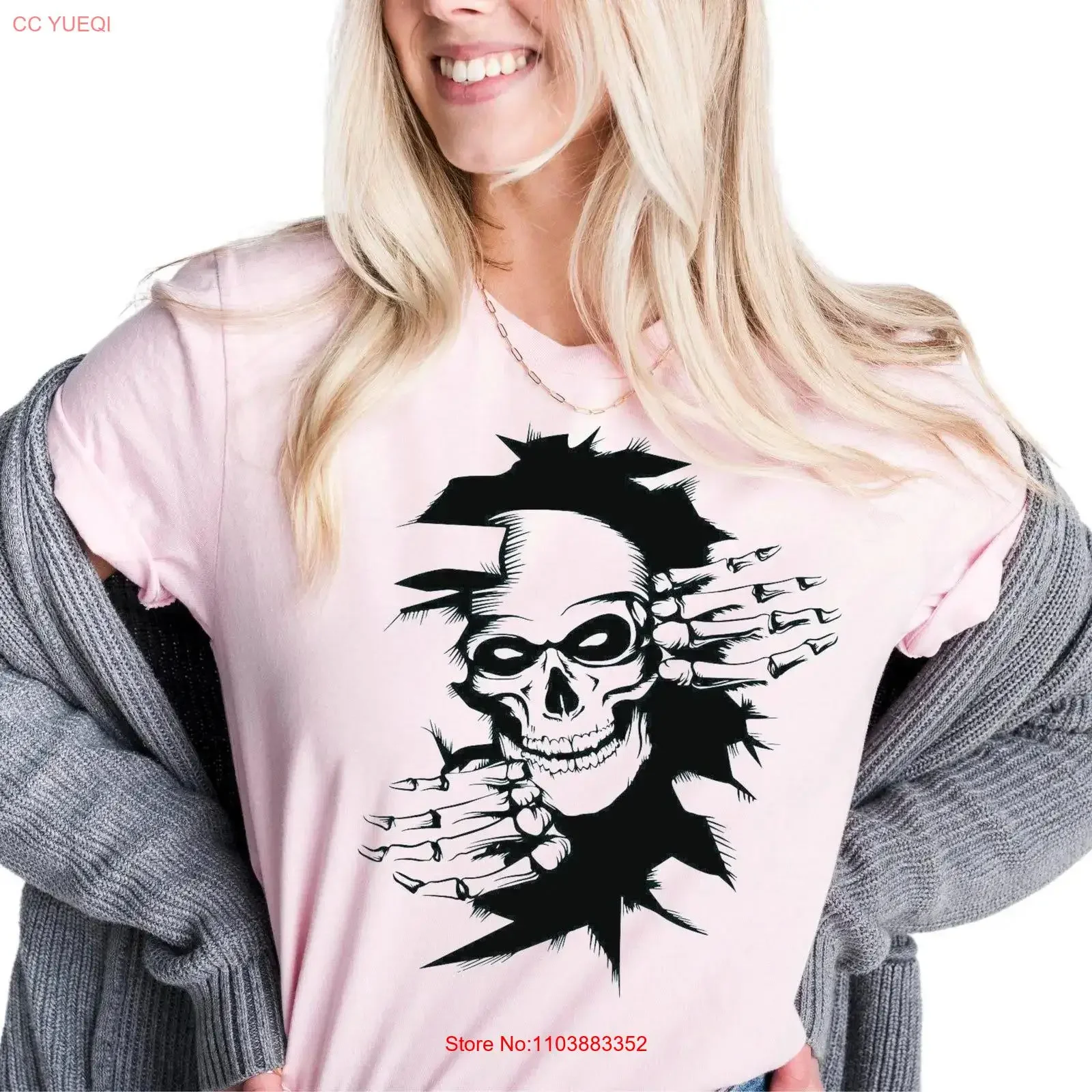 Camiseta Caveira com Ilustração 'Através da Parede' Esqueleto, para Fantasia de Festa de Halloween S3040, vintage, com efeito lavado, unissex, elegante, ligeiramente desgastada
