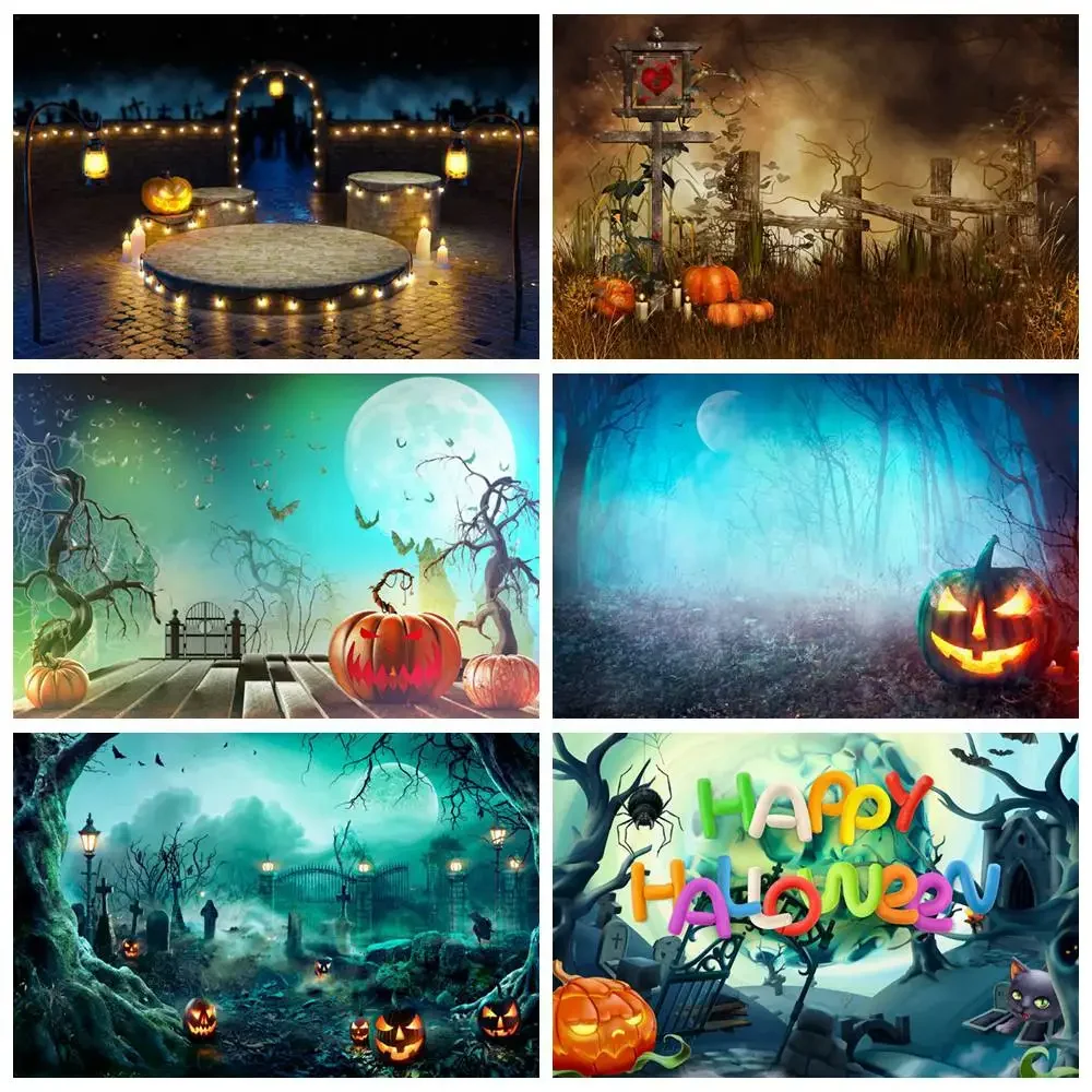 MOON.QG Halloween Decoration Photography Backdrops Fairy Forest Pumpkin Cemetery Scarecrow Castle Party Home Photo Background