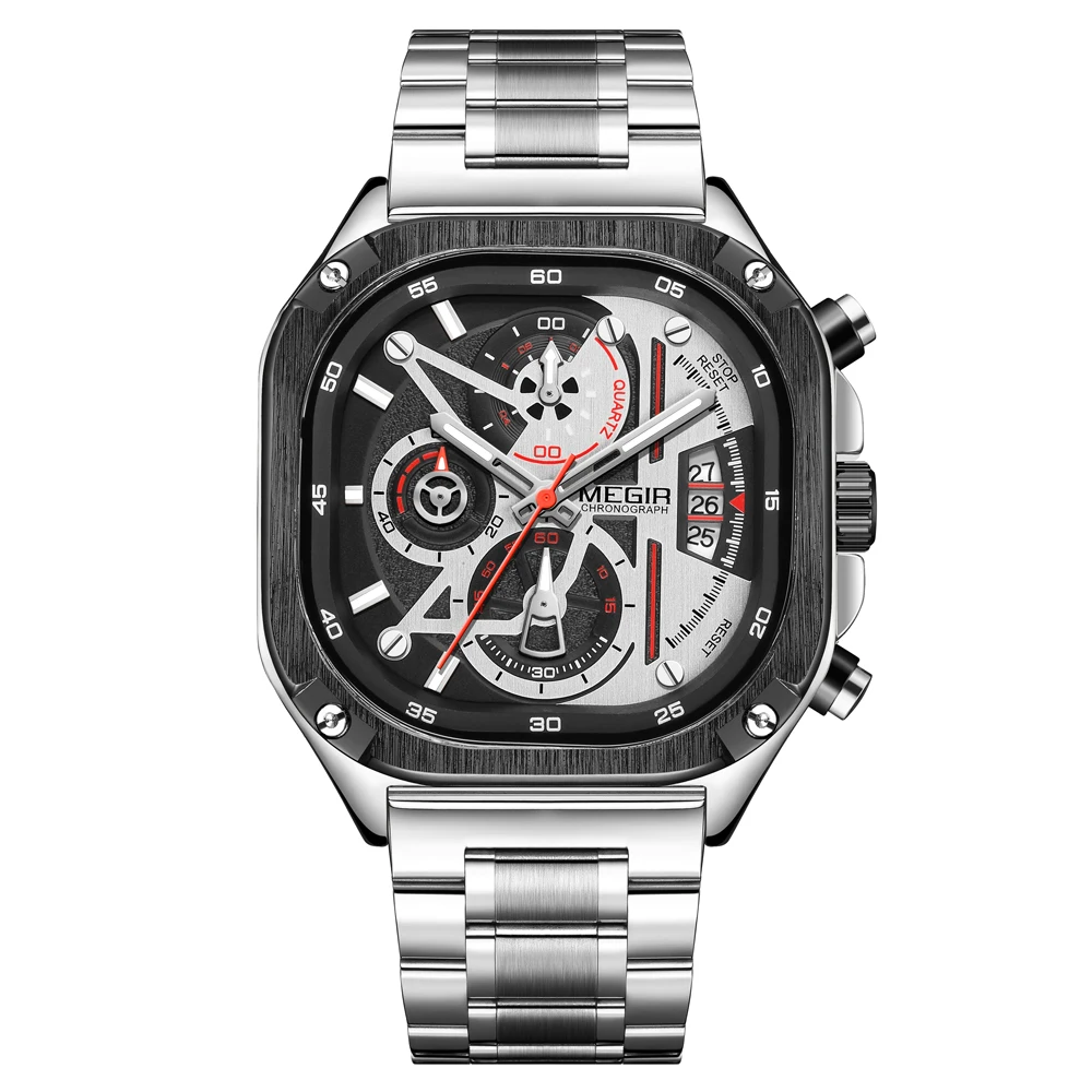MEGIR Square Dial Chronograph Quartz Watches for Men Fashion Sports Male Wristwatch Stainless Steel Strap with Luminous Hands