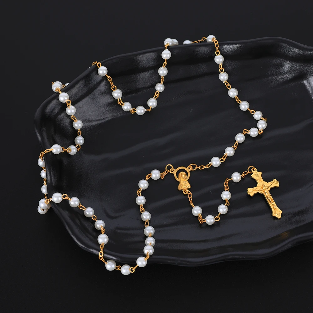 Colar de rosário de pérola redonda, 6mm, para mulheres, crucifixo religioso católico, pingente de cruz, contas longas, corrente, homens, joias de oração, presente