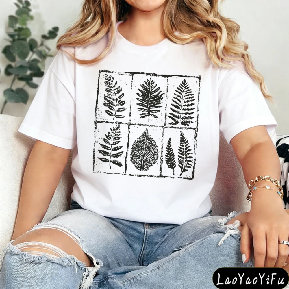 Botanical Fern Print T-Shirt Nature Witch Tees High Quality Cotton Y2K Women Loose Short Sleeve O Neck T Shirt Graphic Tops