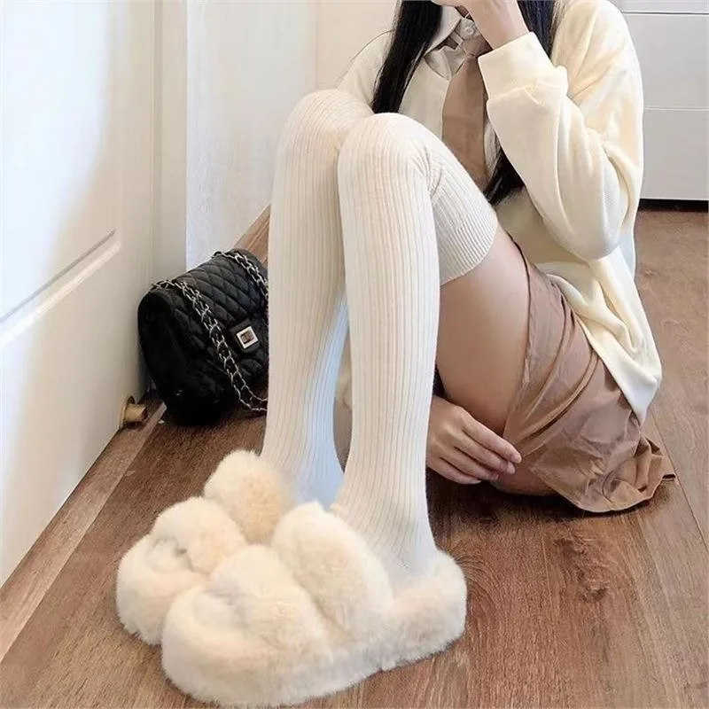 Wool Socks Thickened Thigh High Socks Sweet JK Lolita Stockings Solid Color Long Socks Women White Long Stockings