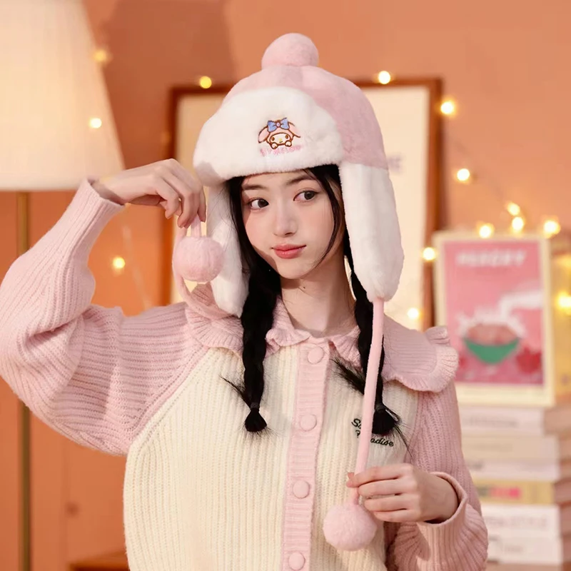 Kawaii sanrio periféricos minha melodia kuromi cinnamoroll dos desenhos animados inverno pelúcia chapéu à prova de vento menina saindo chapéu de proteção de ouvido