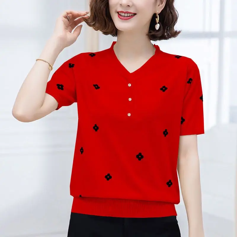 Fashion V-Neck Spliced Button Loose Embroidery Blouse Women\'s Clothing 2023 Summer New Oversized Casual Pullovers Commuter Shirt