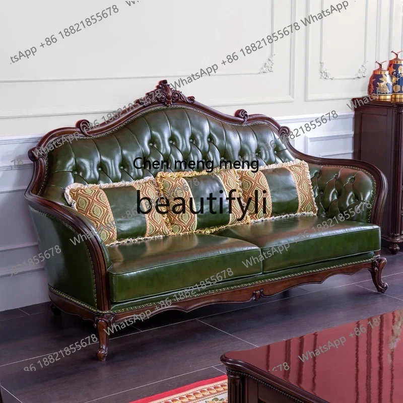 American light luxury leather solid wood retro leather art two-person three-person first-layer cowhide living room sofa