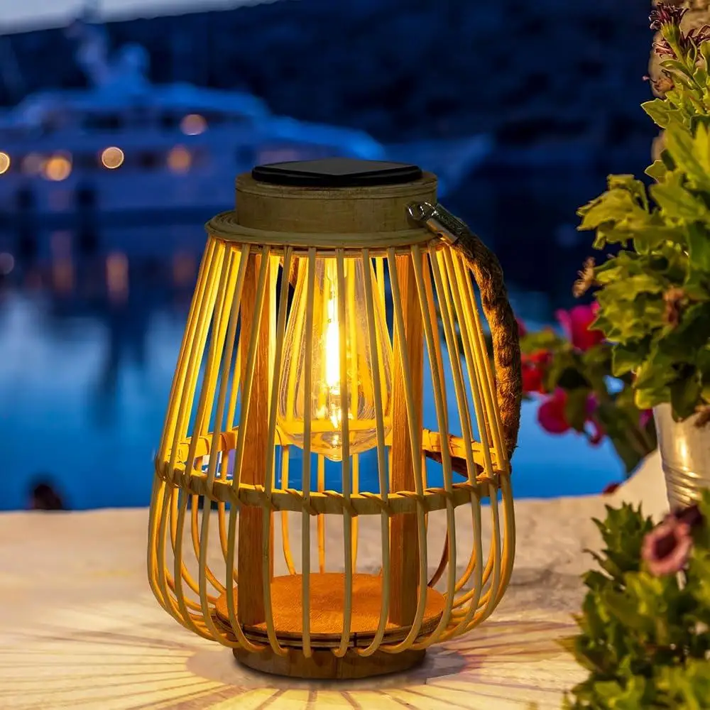 Solar Lantern Outdoor Hanging Light Waterproof Rattan Bamboo Solar Powered Decorative Garden Table Lamp Twine Handle Patio Lawn