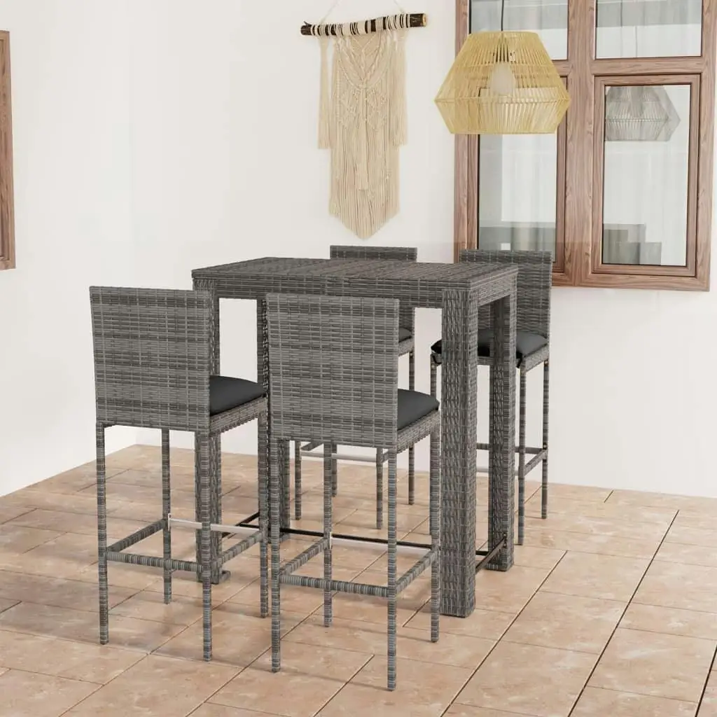 5-Piece Gray Poly Rattan Patio Bar Set with Cushions - Stylish Outdoor Furniture