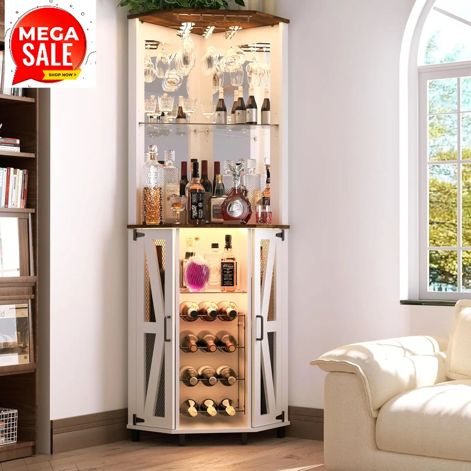 68.9“ Tall Corner Bar Cabinet, Wine Bar with LED Light and Mirror, Farmhouse Liquor Cabinet with Adjustable Shelf & Glass Rack,