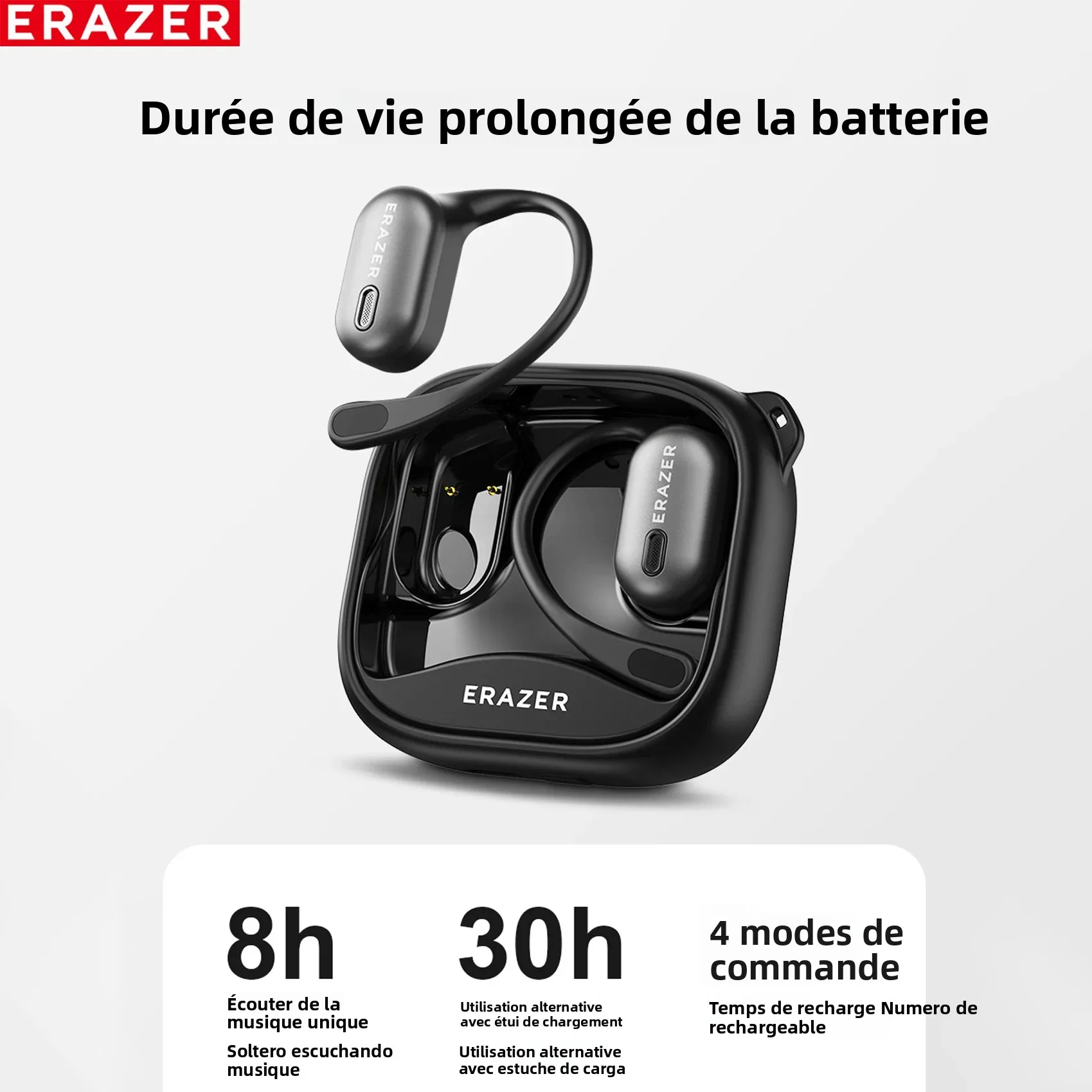 Écouteurs Bluetooth ERAZER XF38, traducteur AI, écouteurs OWS, écran tactile LCD, écouteurs sportifs sans fil, son stéréo HD, longue durée de vie