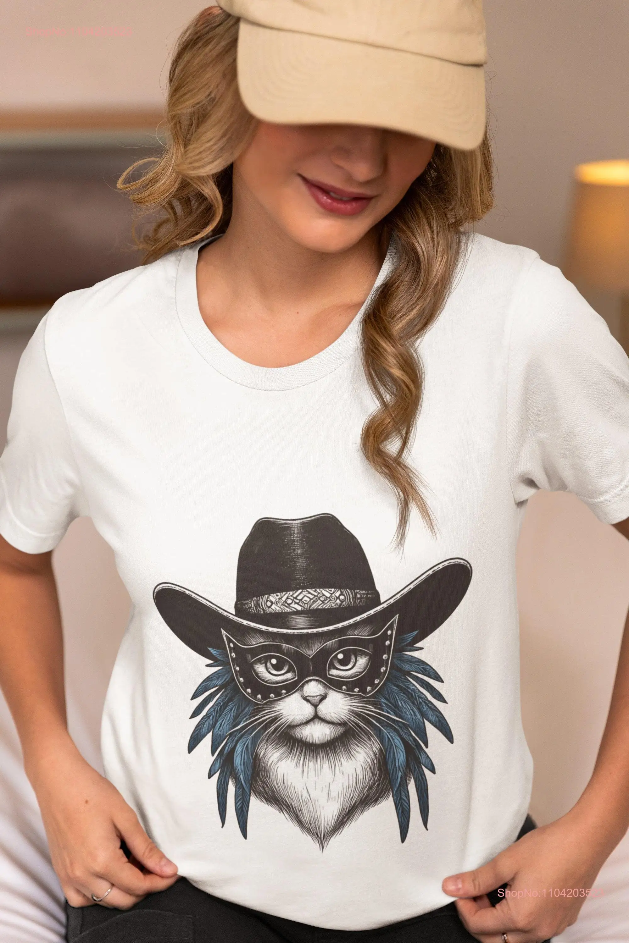 Unique Cat Cowboy T Shirt Whimsical Feline Top Design Masked in Hat Blue Feathers Western Theme Lover