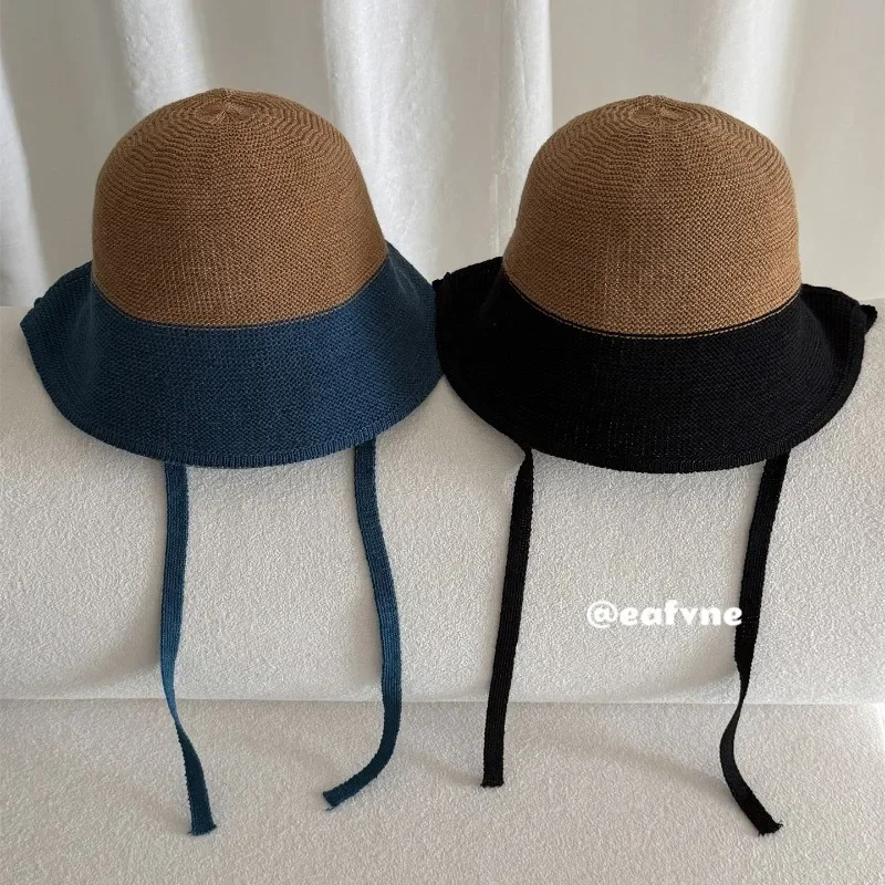 Women's Summer Color Block Patchwork Tie Bucket Hat Breathable UV Protection Slim Cap