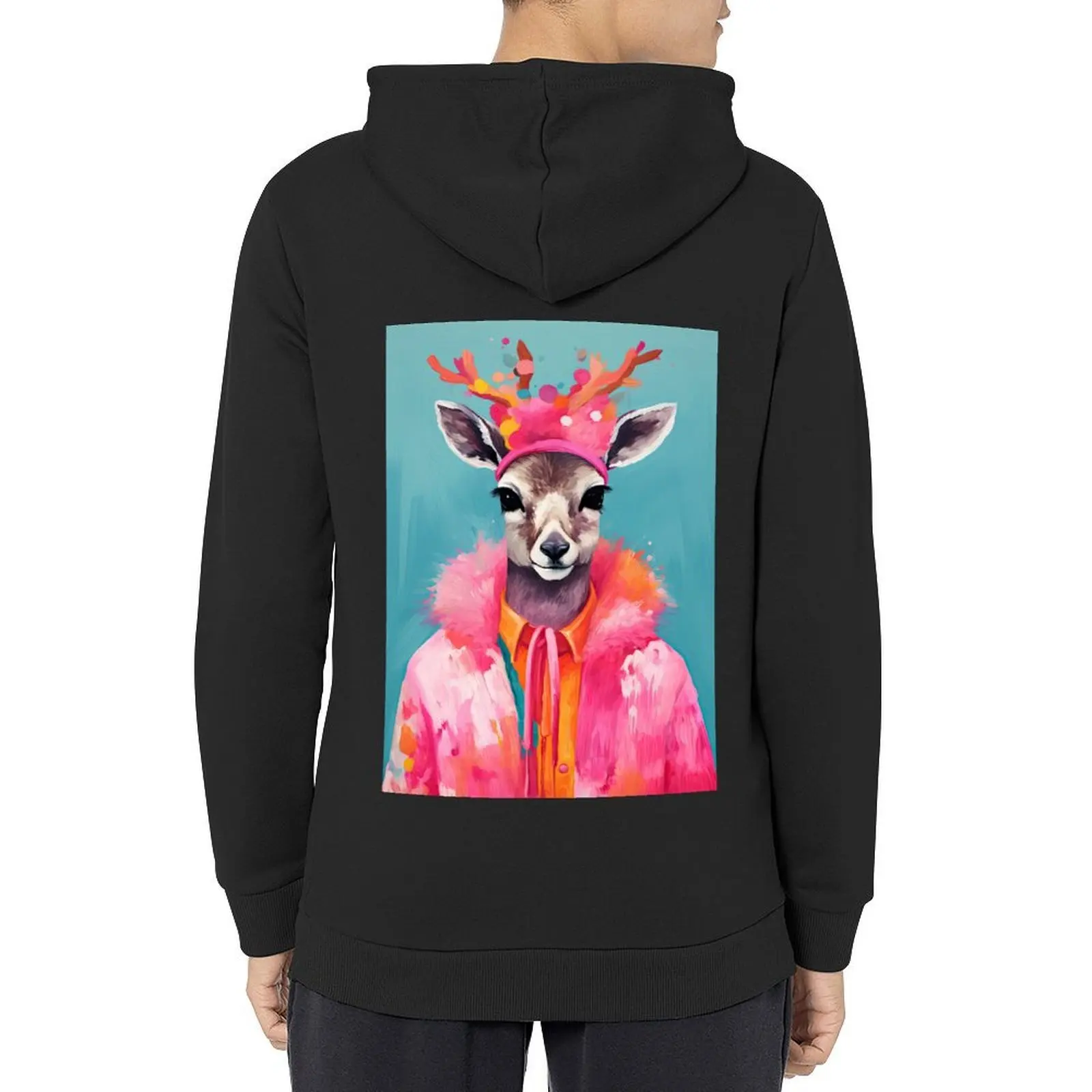 

Watercolor Deer in Pink Coat Funky Animal Fashion Art Print Hoodie mens clothing korean autumn clothes blouse tracksuit