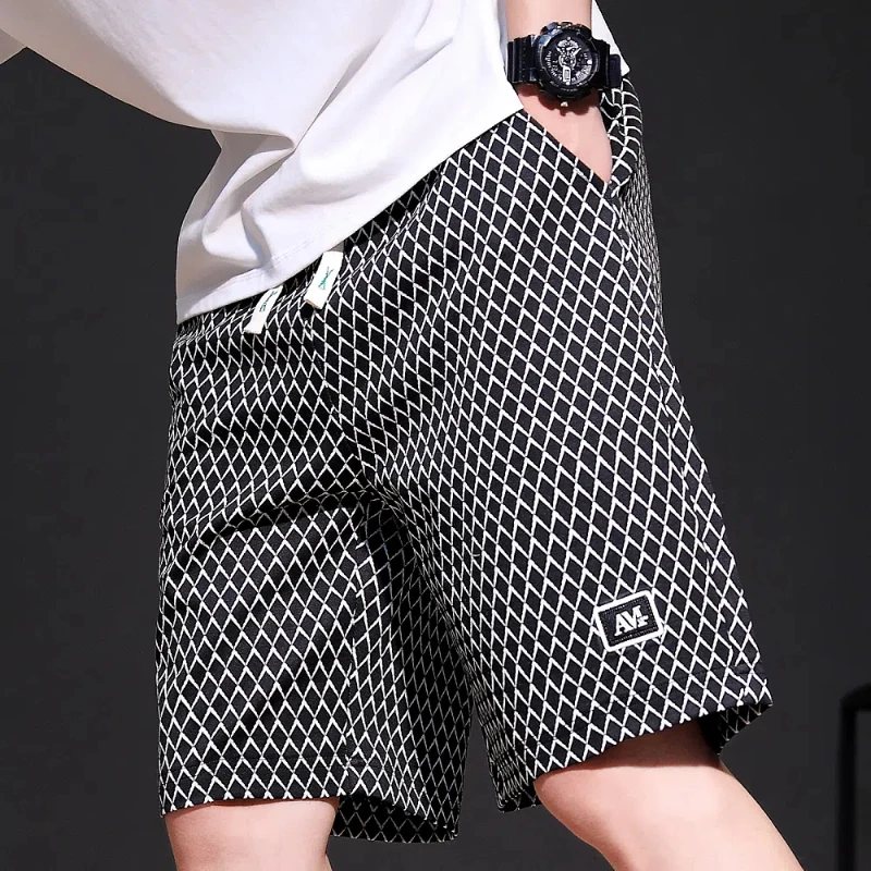 Trend Versatile Summer Men\'s Elastic Waist Drawstring Print Pockets Fashion Breathable Loose Knee Length Straight Casual Shorts