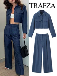 TRAFZA-Conjunto de 2 piezas para mujer, pantalones de cintura alta con pliegues delanteros y solapa de manga larga sólida, abrigo corto Vintage, moda de otoño, 2023