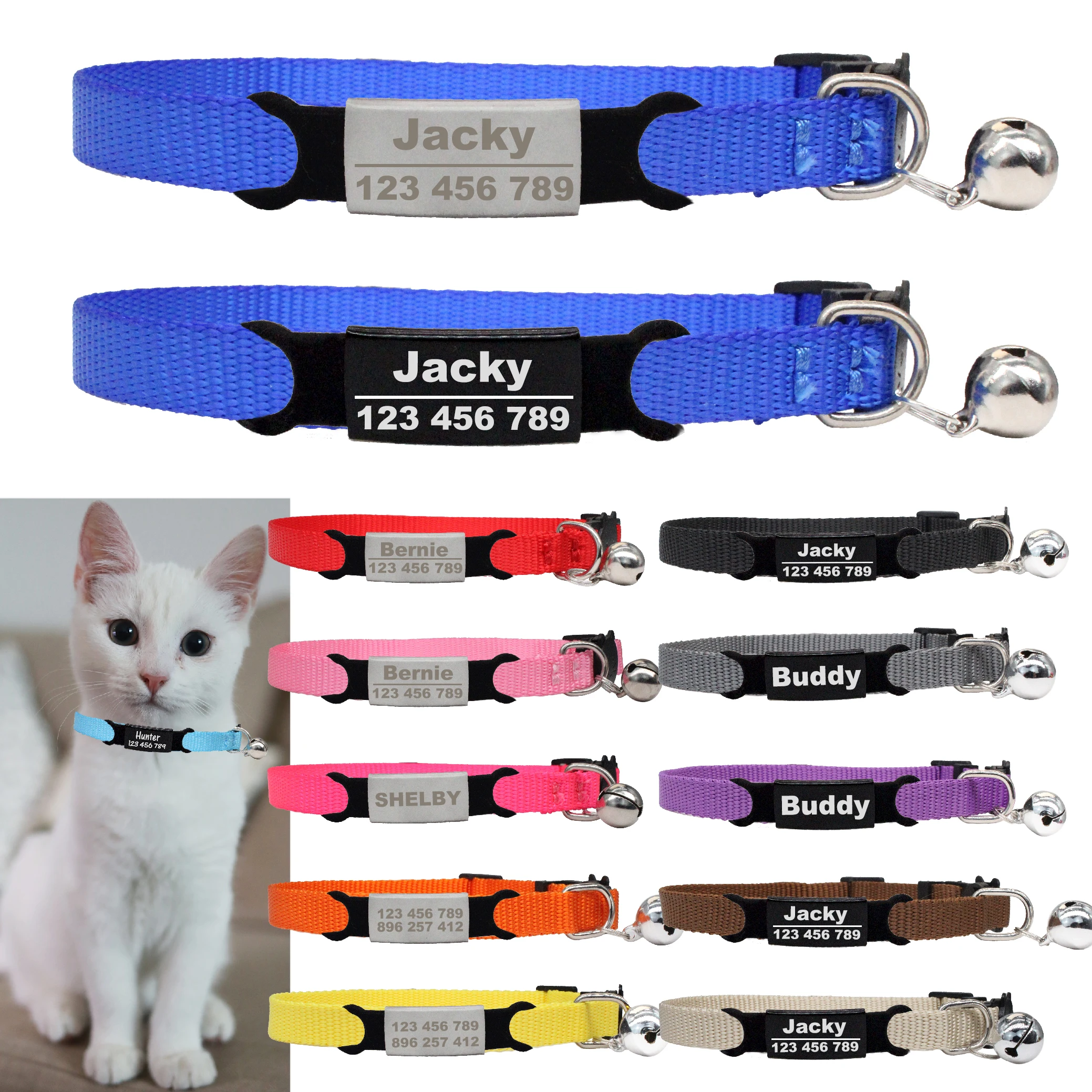 Personalized ID Tag Cat Collar Bell Engraving Safety Breakaway Small Dog Nylon Adjustable for Puppy Kittens Necklace