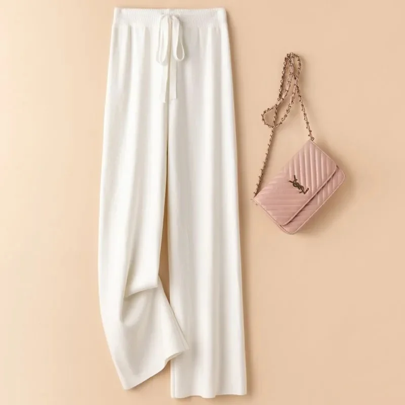 Autumn Winter Women's Pants Basic Soft Casual Sashes Trousers 100% Merino Wool Knitwear Korean Popular Pants