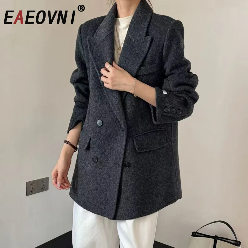 

EAEOVNI офисный женский шерстяной пиджак, женское однотонное пальто с зубчатым воротником и двойной пуговицей, верхняя одежда, шерстяная куртка, новинка 202, осень-зима