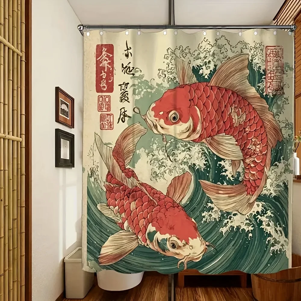 2D Flat, 1pc Japanese Ukiyo-e Koi Fish Shower Curtain with Chinese Calligraphy Seal - Red Koi & Ocean Waves, Machine Washable Ba