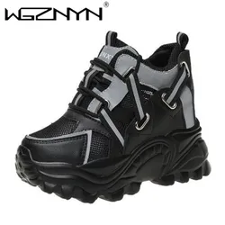 10CM Jesienna moda Antypoślizgowe białe buty Kobiety Oddychająca platforma Casual Lace Up Sneakers Ladies High Top Wedges Zapatos Mujer