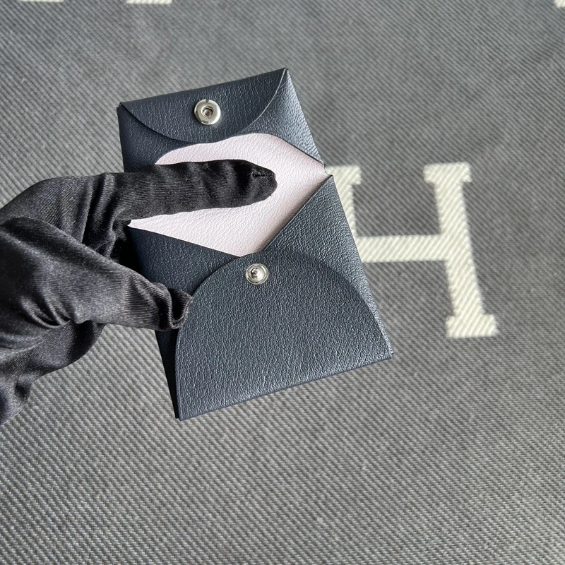 Genuine Lambskin Small Square Bag Light Purple Pink Button Document Coin Purse Deep Sea Blue Contrast Color Matching Card Holder