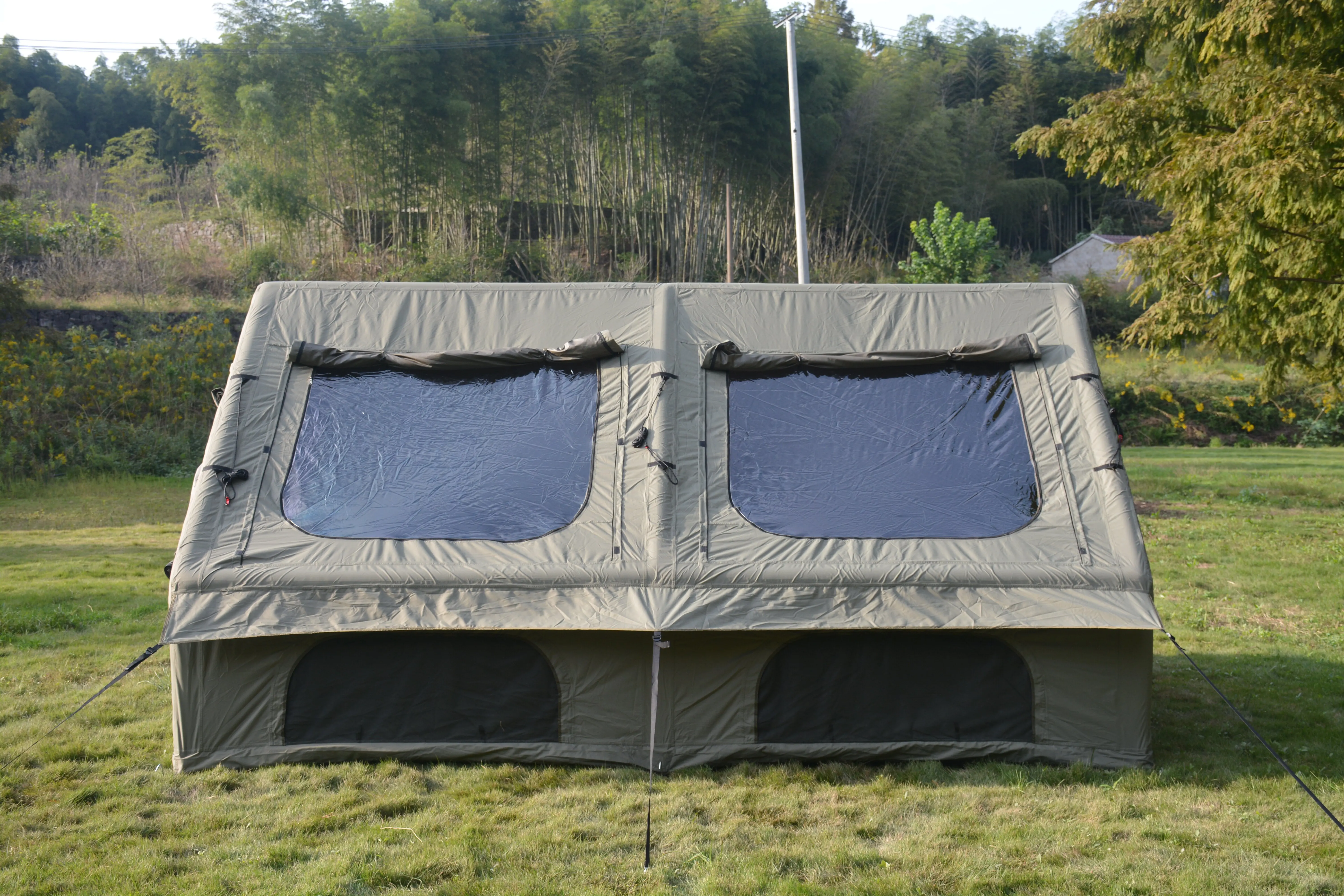 4‑Season Inflatable Glamping Cabin Tent 9.8×13FT, Waterproof Windproof Oxford Blow‑Up Camping Tent with Hand Pump, Easy Setup, Mesh Screen & Chimney Window for Outdoor Camping