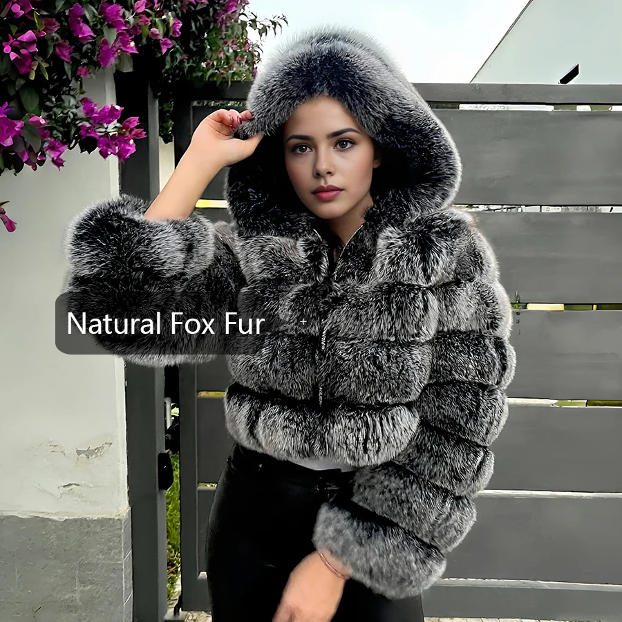 리얼 폭스 퍼 지퍼 라펠 볼레로 재킷 천연 실버 폭스 퍼 코트 후드 럭셔리 신상 여성 숏 퍼 코트