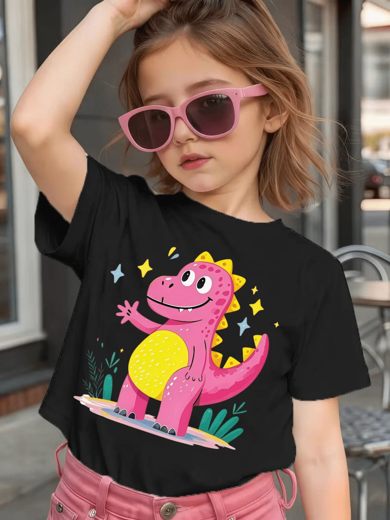 Cute Star Pink Dinosaur Cartoon Graphic Kids Tee Boys Girls Family Matching Cotton Crew Neck Short Sleeve Soft Casual Summer Tee