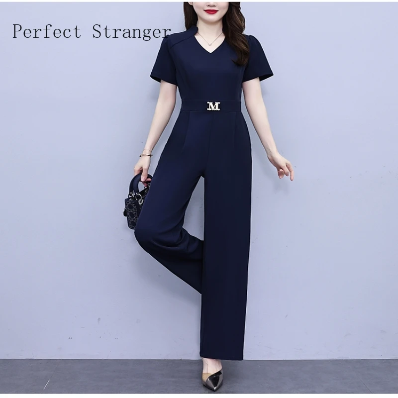 

Hot Sale Women Elegant for Party 2024 Jumpsuit Short Sleeve High Waisted Printed V Neck Long Rompers Office Overalls Navy
