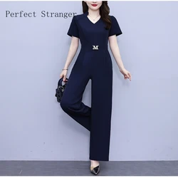 Hot Sale Women Elegant for Party 2025 Jumpsuit Short Sleeve High Waisted Printed V Neck Long Rompers Office Overalls Navy