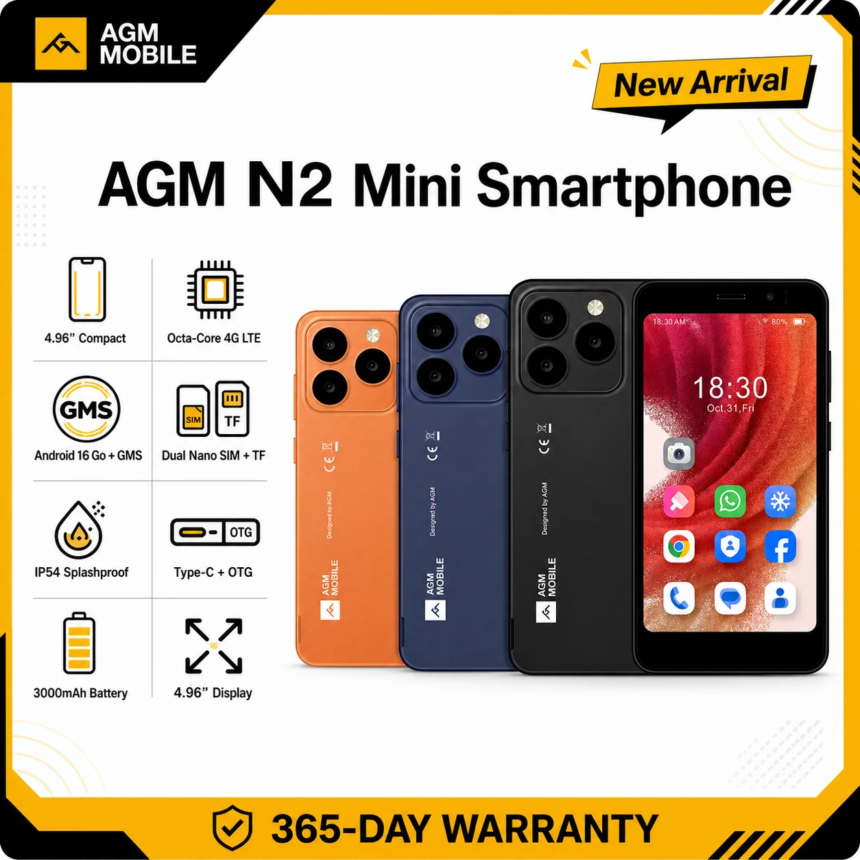 AGM N2ミニスマートフォン 4.96インチディスプレイ コンパクトサイズ 3GB 32GB 3000mAh着脱式バッテリー Android 16 GOシステム 軽量スマホ