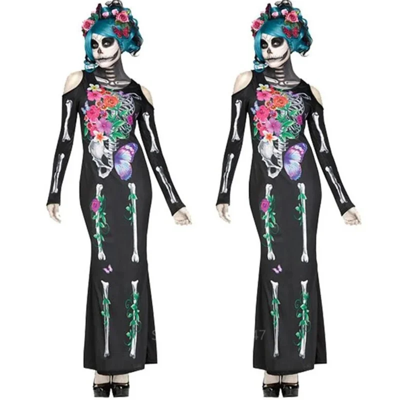 2025 New Skeleton Costume Women Dress Disguise Witch Day of The Dead Jumpsuit Horror Bride Cosplay Carnival Party Vampire Fa abc