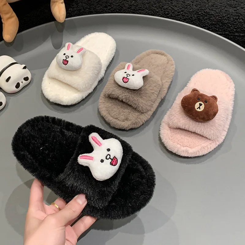 LINE FRIENDS Brown Bear Connie Rabbit Girls Home Slippers Non Slip Plush Couple Autumn Winter Wear Warm Cartoon Kids Gifts