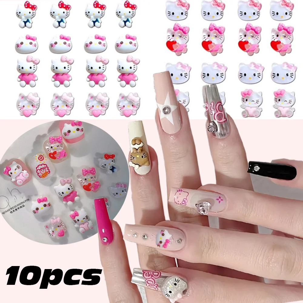 10pcs Miniso Hello Kitty Mini Nail Charms 8 Styles Transparent Glitter Hello Kitty Resin Nail Art Decorations Nail Accessories &