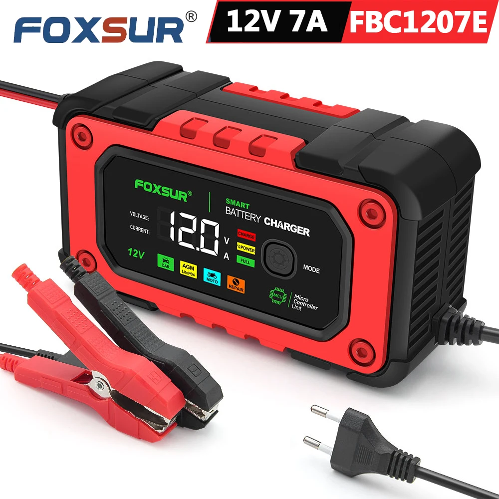 

FOXSUR 12V 7A FBC1207E Smart Car Battery Charger For AGM GEL Lead Acid LiFePO4 Battery Universal Motorcycle Charger