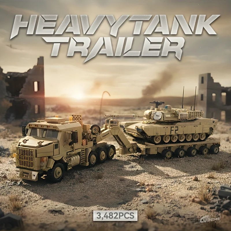 

3482+PCS Military-Themed Heavy Tank Trailer Building Block Set Assembly Model Toy with Detachable Tank And Trailer Structure
